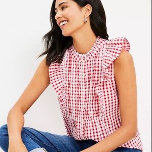Loft red gingham ruffle sleeveless top